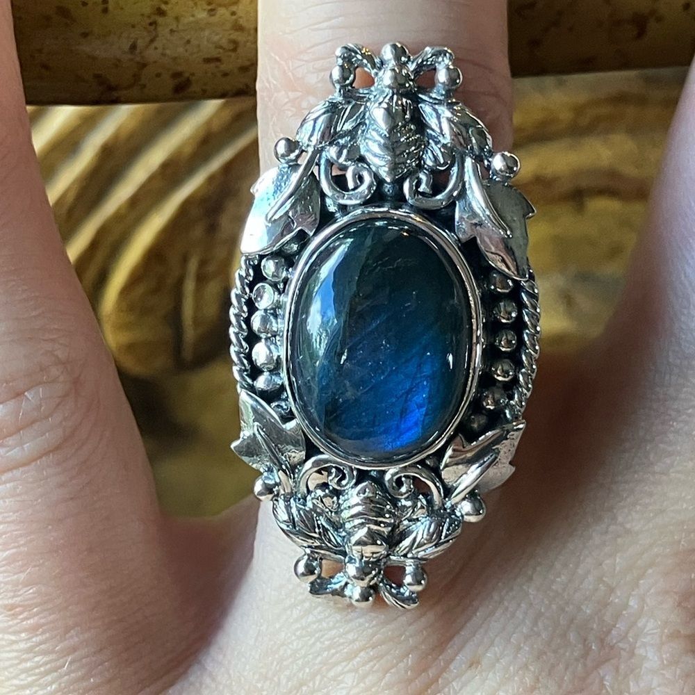 Natural Labradorite Sterling Silver Bee Ring Size 7